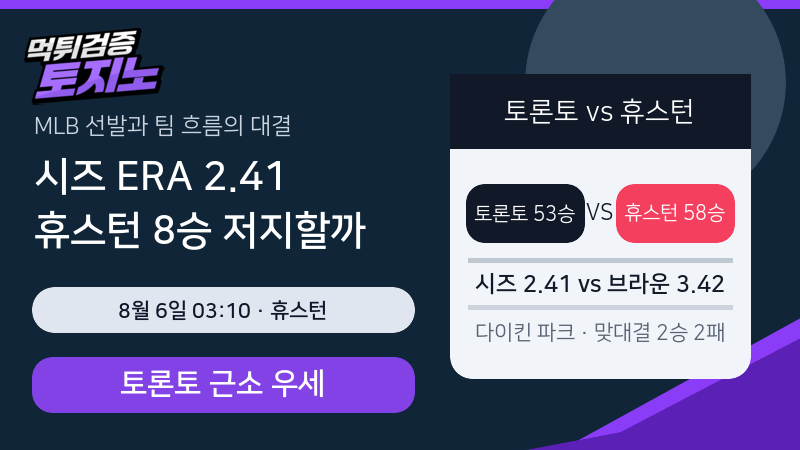 시즈의 평균자책 2.41, 휴스턴 최근 8승을 막을 수 있을까?