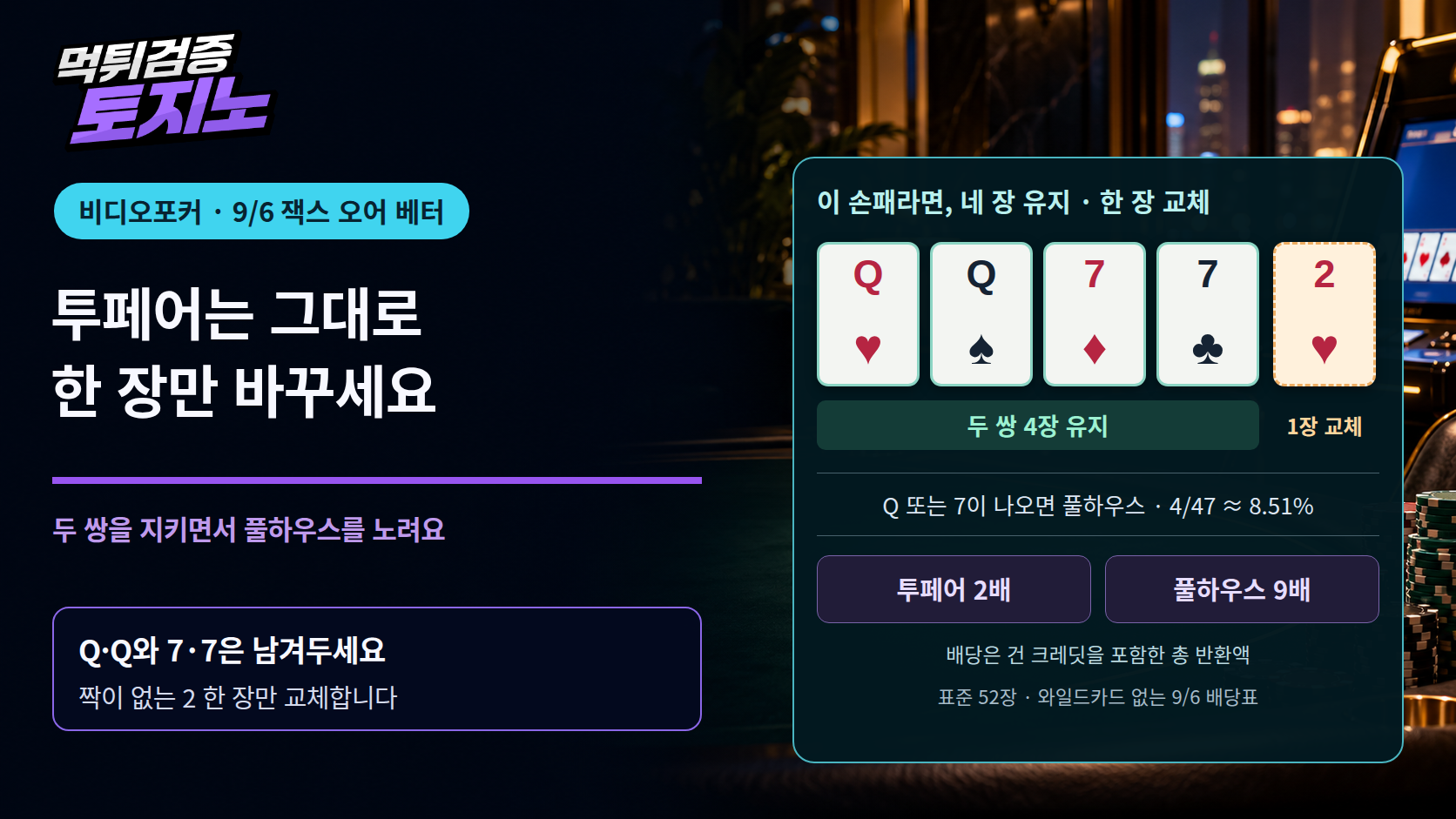 비디오포커 투페어, 두 쌍을 지키고 한 장만 바꾸세요